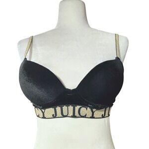 Juicy Couture Black Velvet Push Up Bra Gold‎ Glitter Straps Logo Band Size 36B